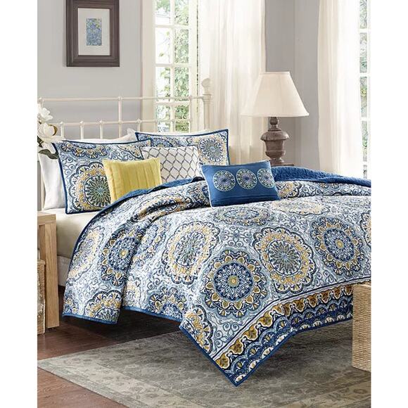 Madison Park Reversible Quilt Set  6 Piece Tangiers Blue Cal King - Picture 1 of 6